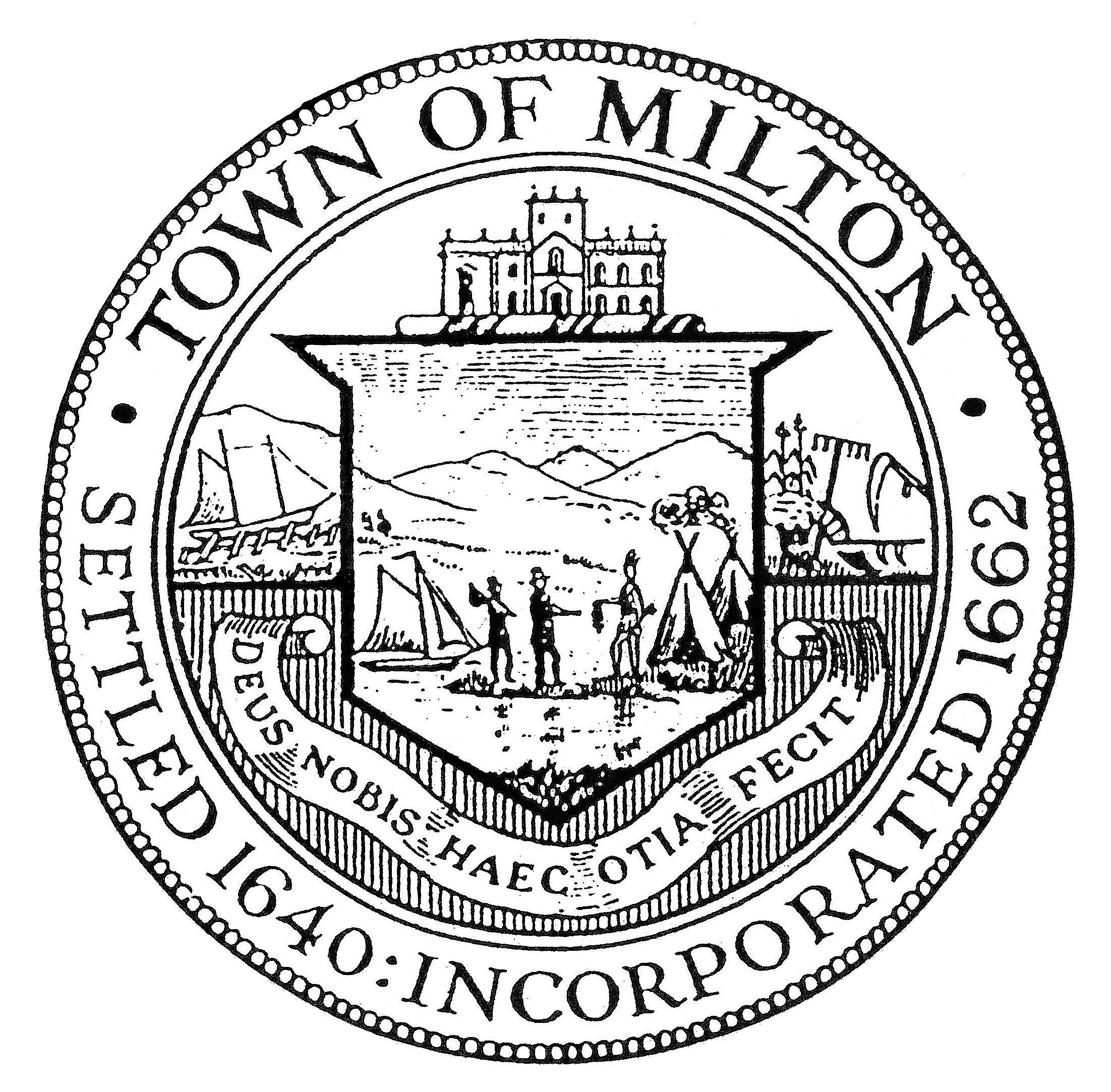 Seal of the Town of Milton, historical images. Latin inscription: Deus Nobis Haec Otia Fecit